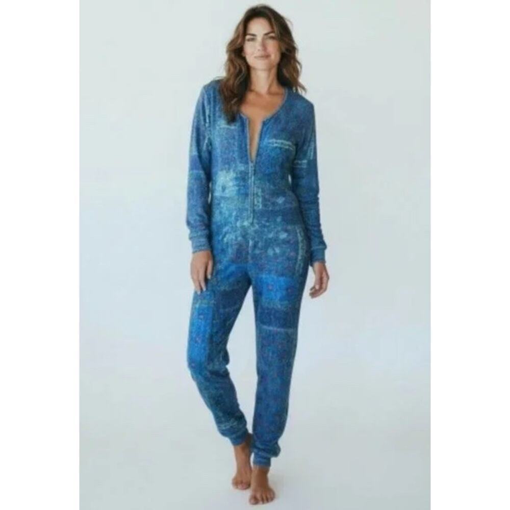 Natural Life Fleece One Piece Lounge Comfort Pajamas Blue Patchwork SO SOFT S/M